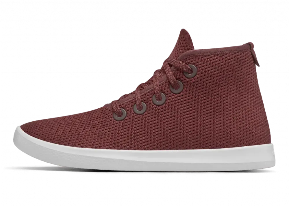 maroon pair of allbirds high top sneaker as seen from the side